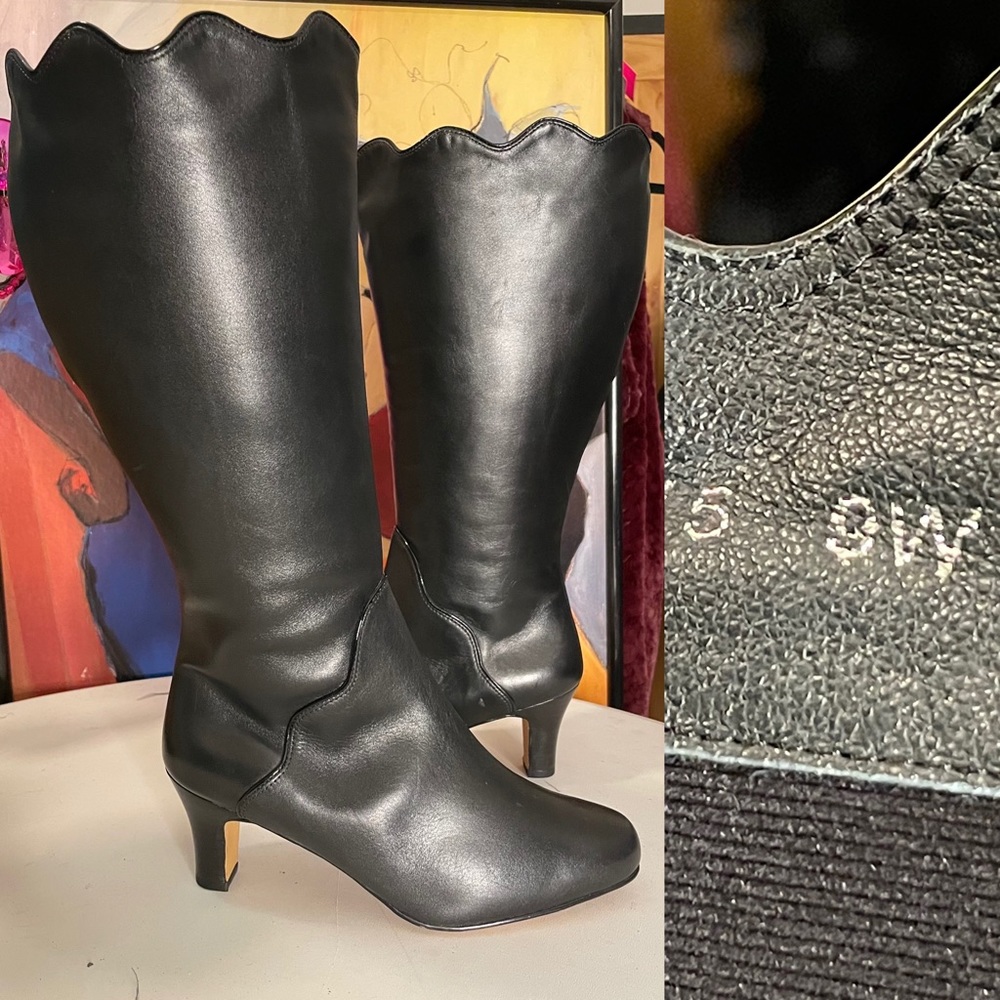 Ros Hommerson size 9 wide black leather boots w scallop top